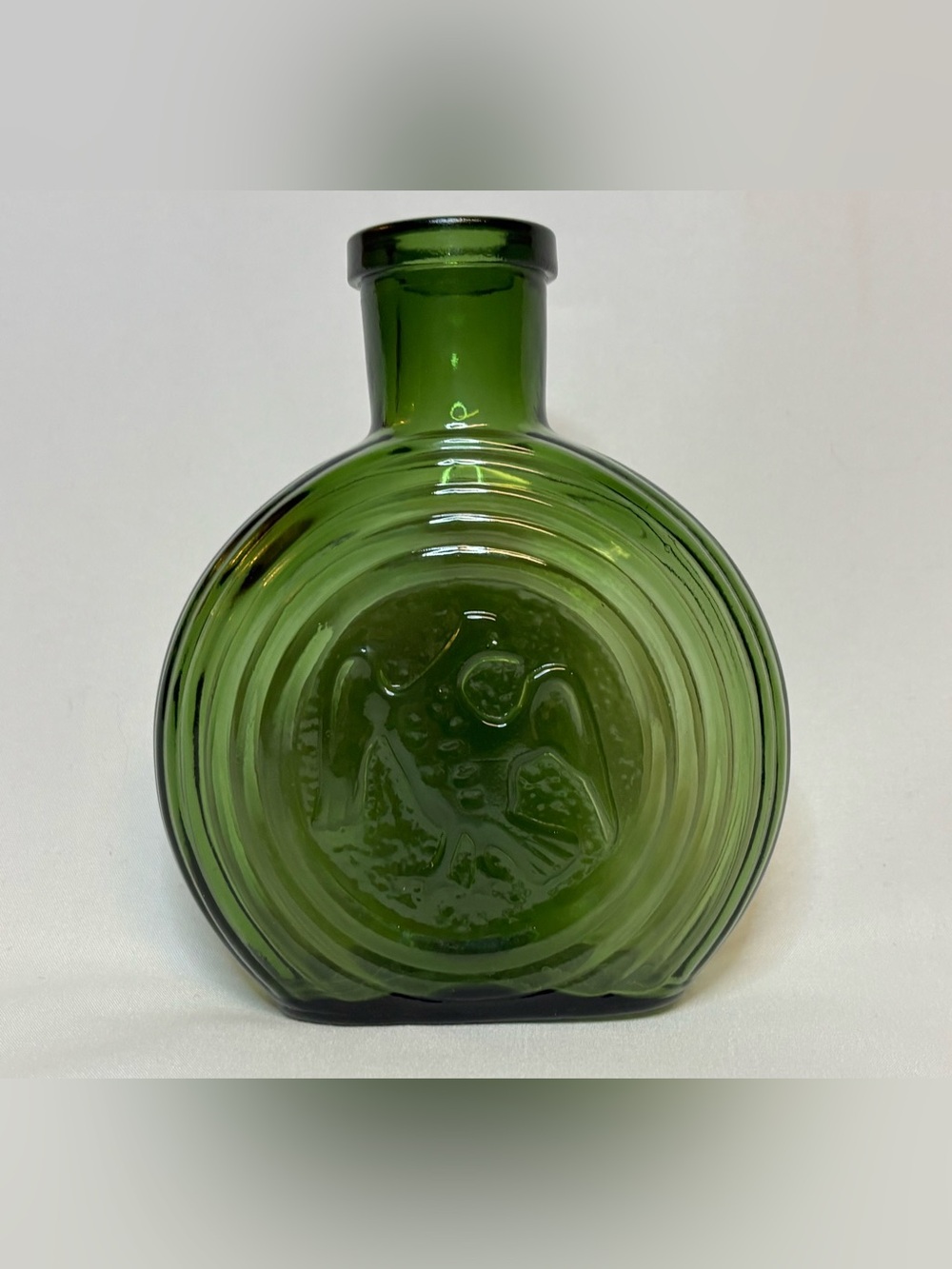 Vintage MCM Empoli Rossini Green Glass Eagle Flask Decanter Bottle 5"